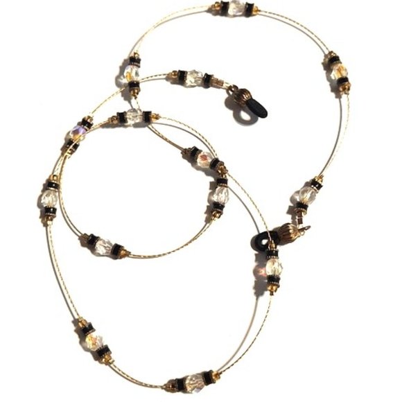 Vintage 27" Gold Thin Chain with Clear Crystals and Black Beads EyeGlasses Chain - Picture 1 of 5